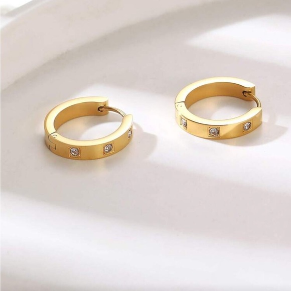 Gold Stainless Steel Hoop Earrings | Cubic Zirconia Sparkle - Picture 6 of 6